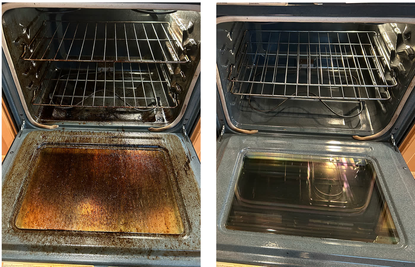 A domestic oven photographed twice. On the left the door glass and the base are covered in thick burnt-on brown grease and the racks are stained. On the right the same oven after cleaning: the glass is clear enough to reflect the room, the base is bare metal and the racks are bright.
