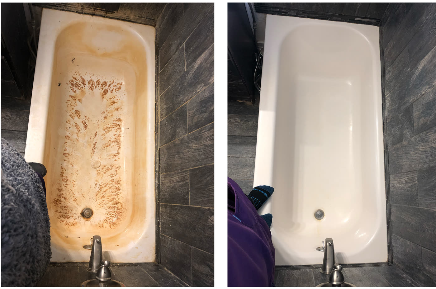 A bath photographed twice from above. On the left the enamel is stained orange and brown across the whole base. On the right the same bath after cleaning, uniformly white, with a member of the team in a purple uniform just visible at the edge of the frame.