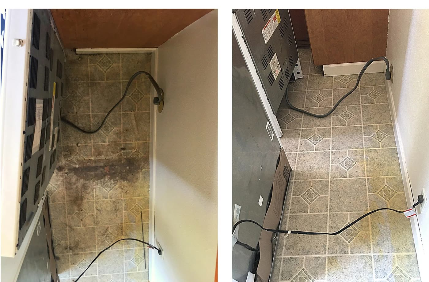 The floor behind a pulled-out kitchen appliance, photographed twice. On the left the vinyl tile is grey with ground-in dirt and a dark stain runs across it. On the right the same floor after cleaning, with the tile pattern and its diamond motif clearly visible again.